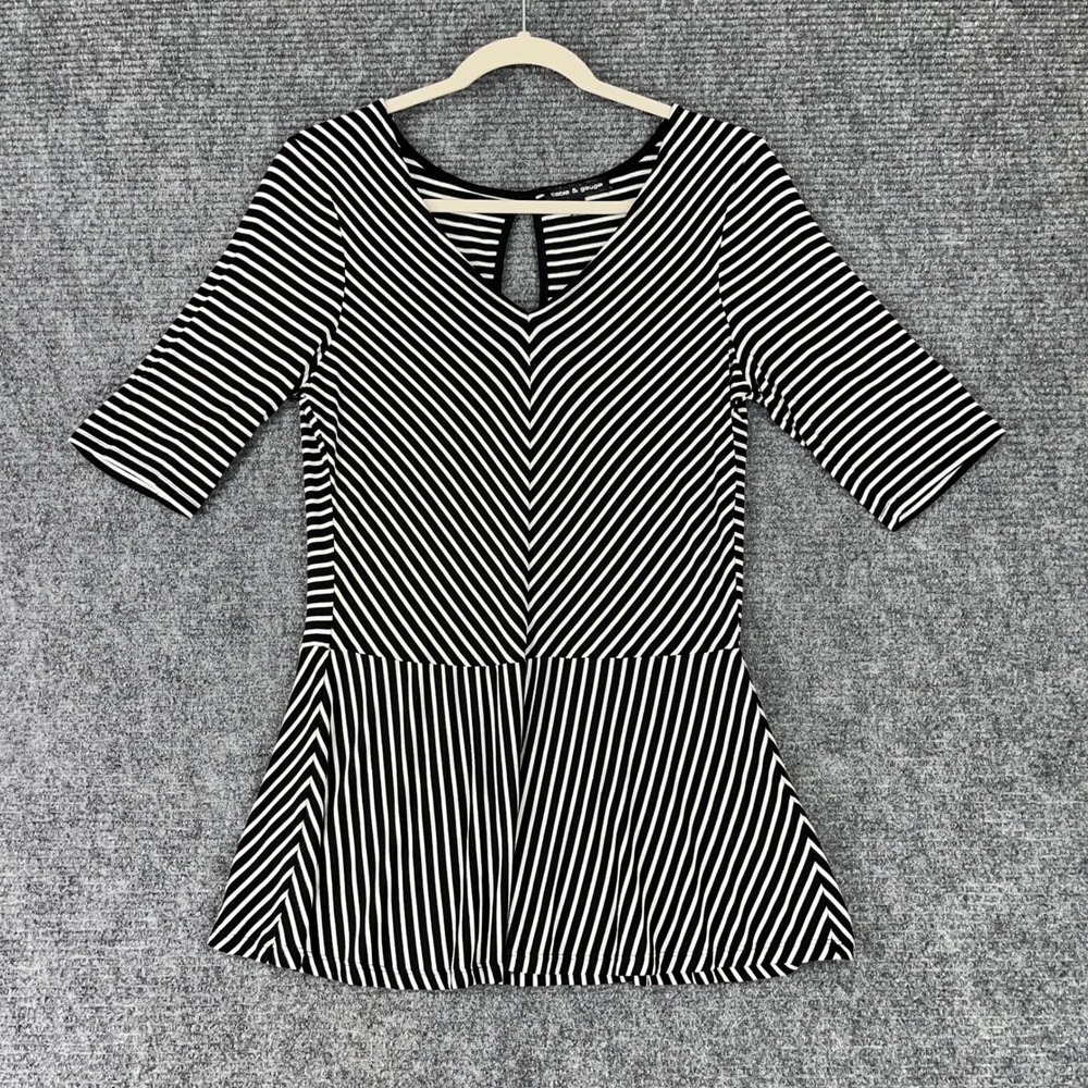 Cable & Gauge Striped Peplum Top V Neck Keyhole Back Short Sleeve Black M Womens - Picture 2 of 9